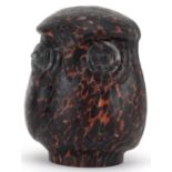 Brown and orange mottled glass shade in the form of an owl, 7cm high