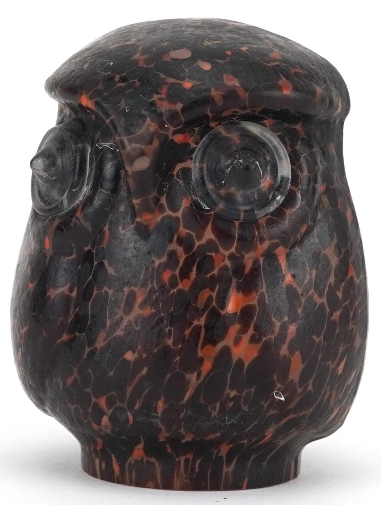 Brown and orange mottled glass shade in the form of an owl, 7cm high