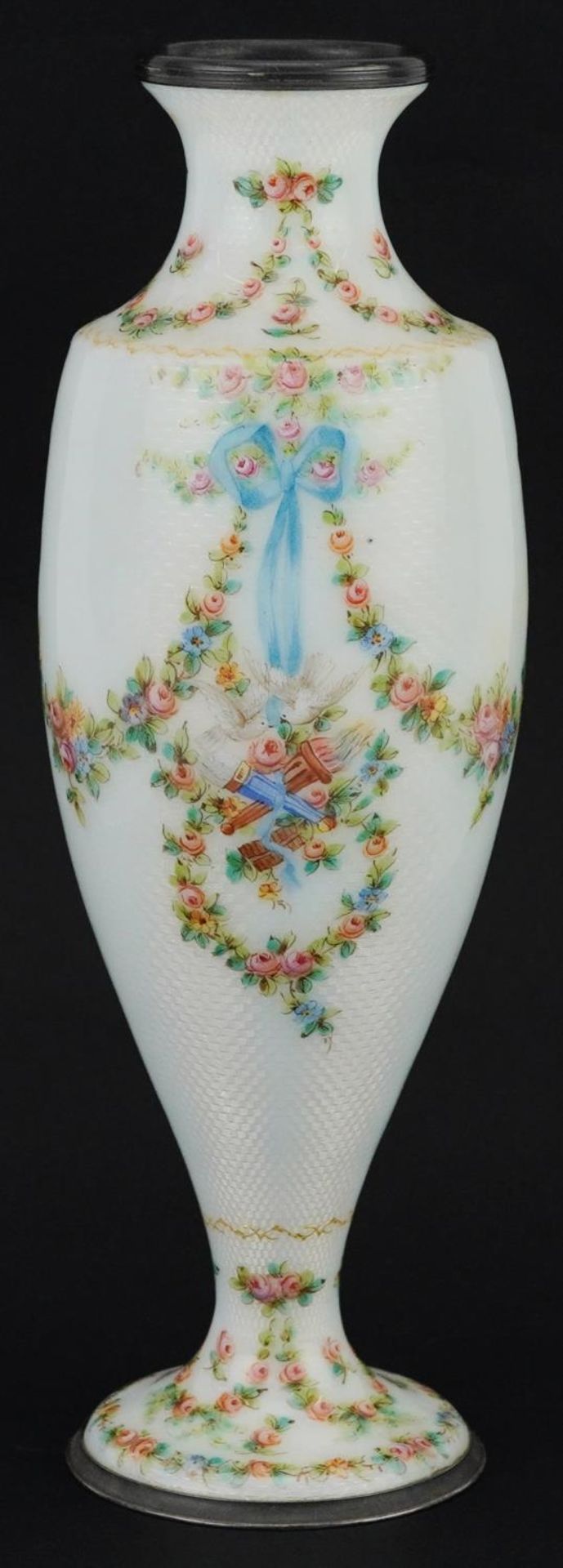 19th century French silver and white guilloche enamel vase finely hand painted with swags, ribbons