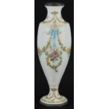 19th century French silver and white guilloche enamel vase finely hand painted with swags, ribbons