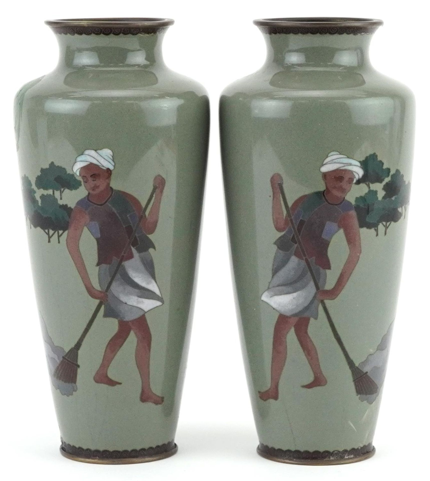 Pair of Japanese cloisonne vases, each enamelled with a man sweeping, each 19cm high