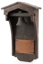 Arts & Crafts oak dinner bell with applied plaque having incised Byron motto, 53cm high