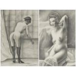 Pair of nude females, Russian pin up school pencil drawings, each signed in Cyrillic, unframed, each