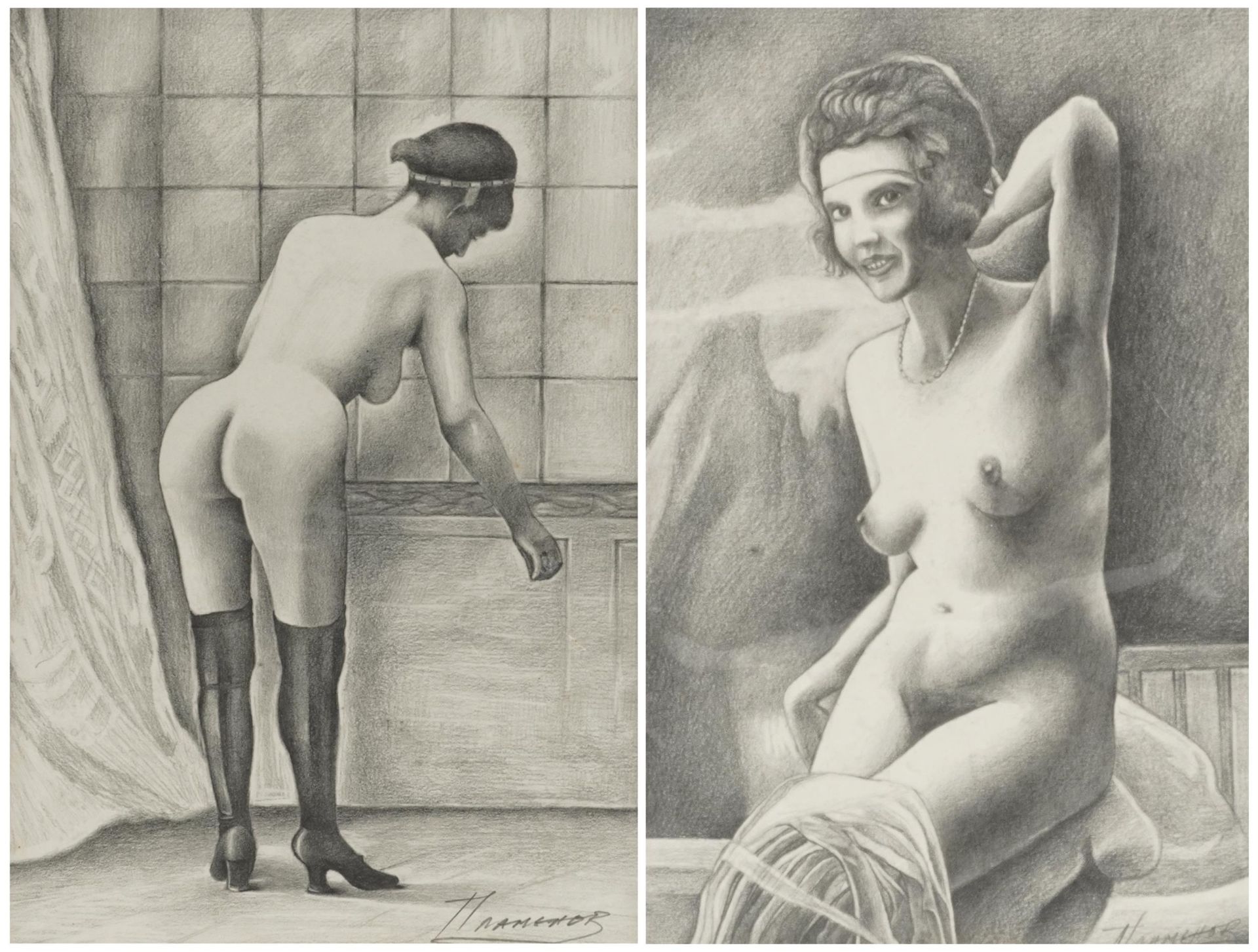Pair of nude females, Russian pin up school pencil drawings, each signed in Cyrillic, unframed, each