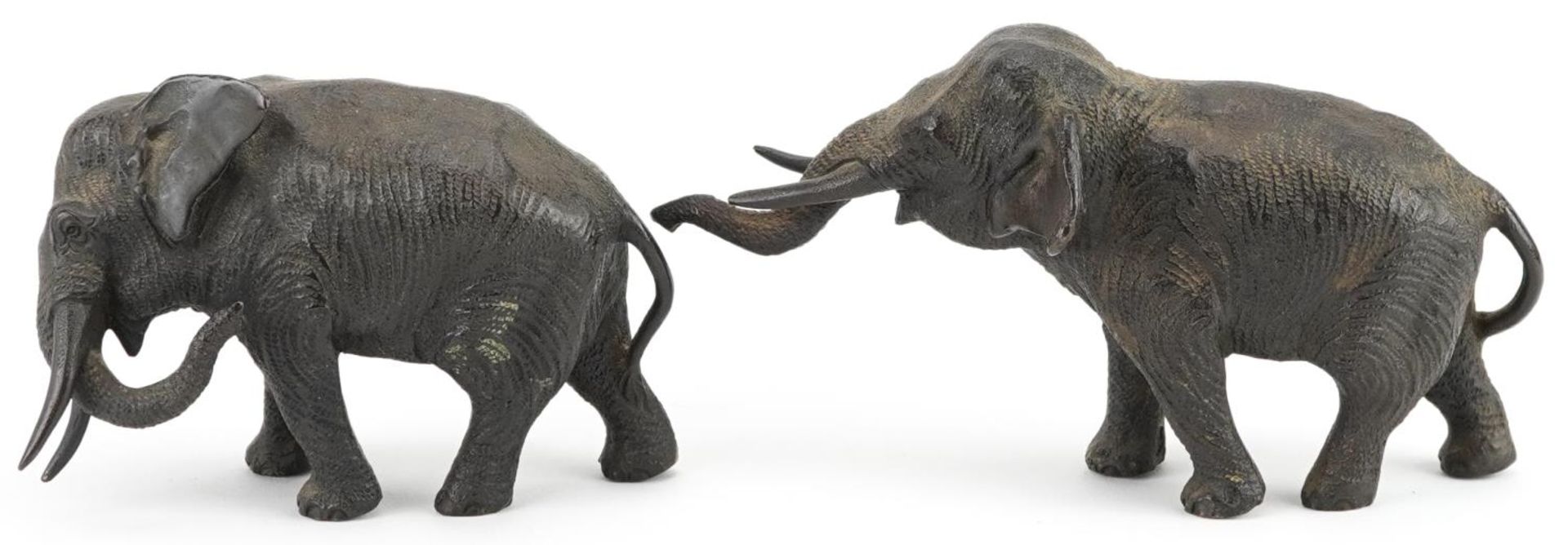 Two Japanese patinated bronze elephants, Meiji period, each with character marks to the feet, the - Image 3 of 10