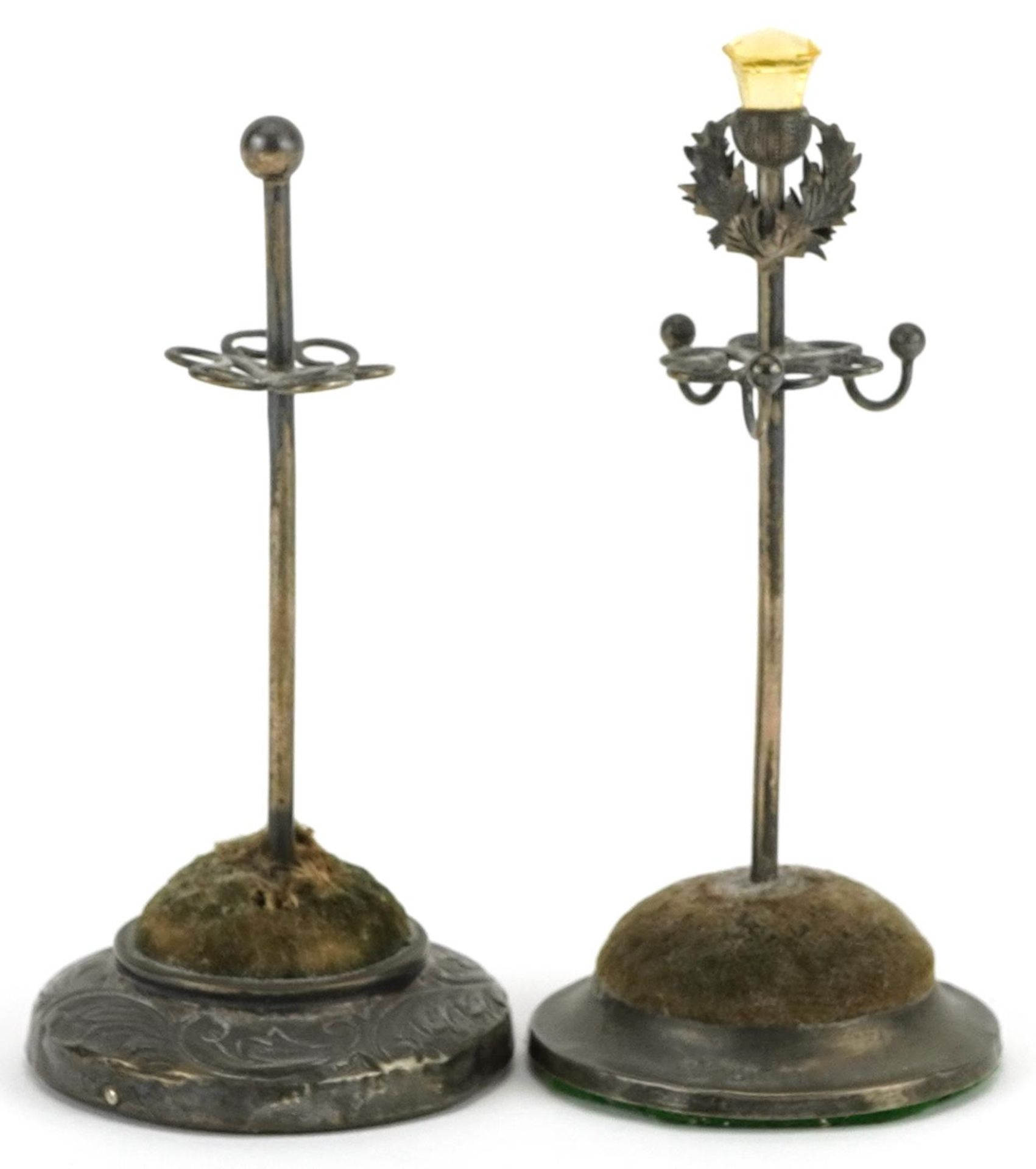 Two Edwardian silver hatpin stands, one with Scottish thistle citrine terminal, the largest 11.5cm - Image 2 of 4