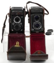 Two vintage cameras with cases comprising Yashica-A and Microcord