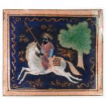 Rectangular Persian copper panel enamelled with a figure on horseback beside a tree, 18cm x 15.5cm