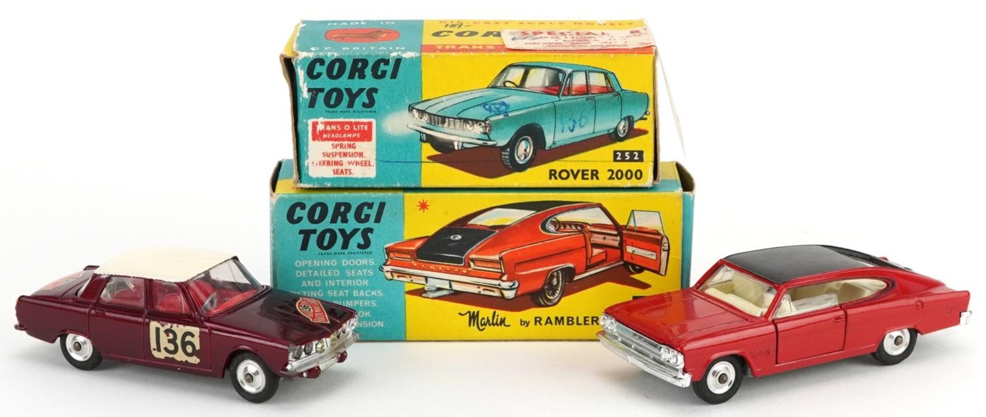 Two vintage Corgi Toys diecast vehicles with boxes comprising Marlin by Rambler Sports Fast Track