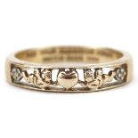 9ct gold diamond ring pierced a love heart and putti, engraved May Your Guardian Angel Watch Over