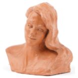 Mid century style terracotta bust of a female, incised M to the reverse, 25cm wide