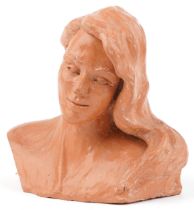 Mid century style terracotta bust of a female, incised M to the reverse, 25cm wide