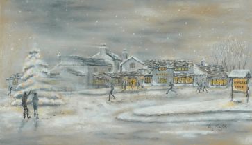 Liz Taylor Webb (Student of Laurence Stephen Lowry) - Rural winter pub scene, pastel, inscribed