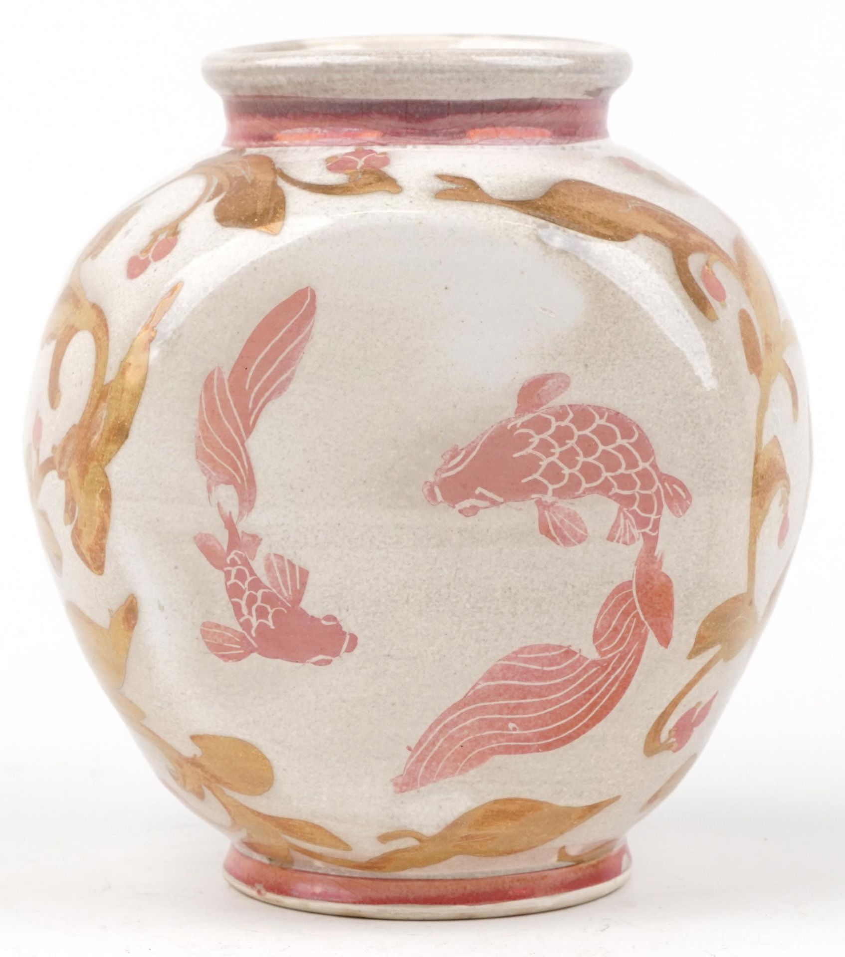 Jonathan Chiswell Jones, art pottery lustre vase hand painted with four Koi amongst foliage, 23cm - Bild 2 aus 4