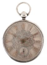 Victorian gentlemen's silver key wind open face fusee pocket watch having silvered dial with Roman