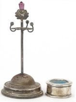 Art Nouveau silver hatpin stand with Scottish amethyst thistle terminal and a silver snooker cue