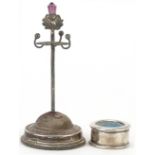 Art Nouveau silver hatpin stand with Scottish amethyst thistle terminal and a silver snooker cue