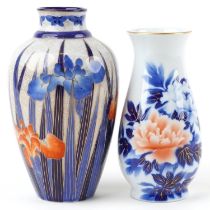 Two Japanese Fukagawa vases hand painted with flowers, character marks to the bases, the largest