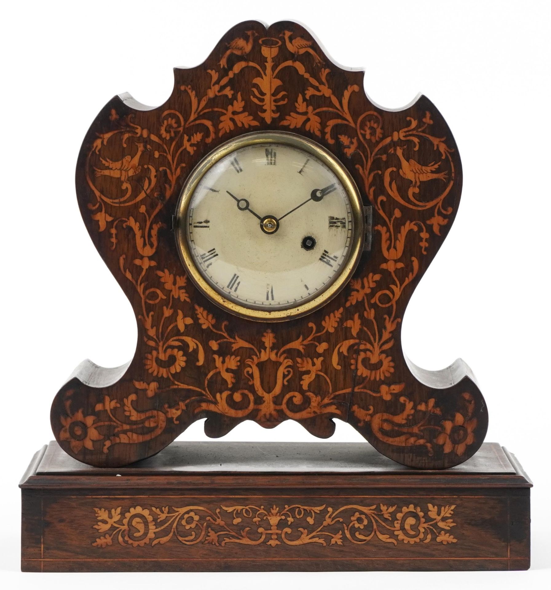 19th century inlaid rosewood mantle clock with circular painted dial having Roman numerals, 33cm - Image 2 of 5