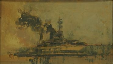 Manner of William Walcott - Warship, naval interest Impressionist watercolour on card, inscribed