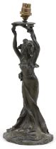 Art Nouveau verdigris patinated spelter figural table lamp in the form of a female, indistinct