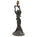Art Nouveau verdigris patinated spelter figural table lamp in the form of a female, indistinct