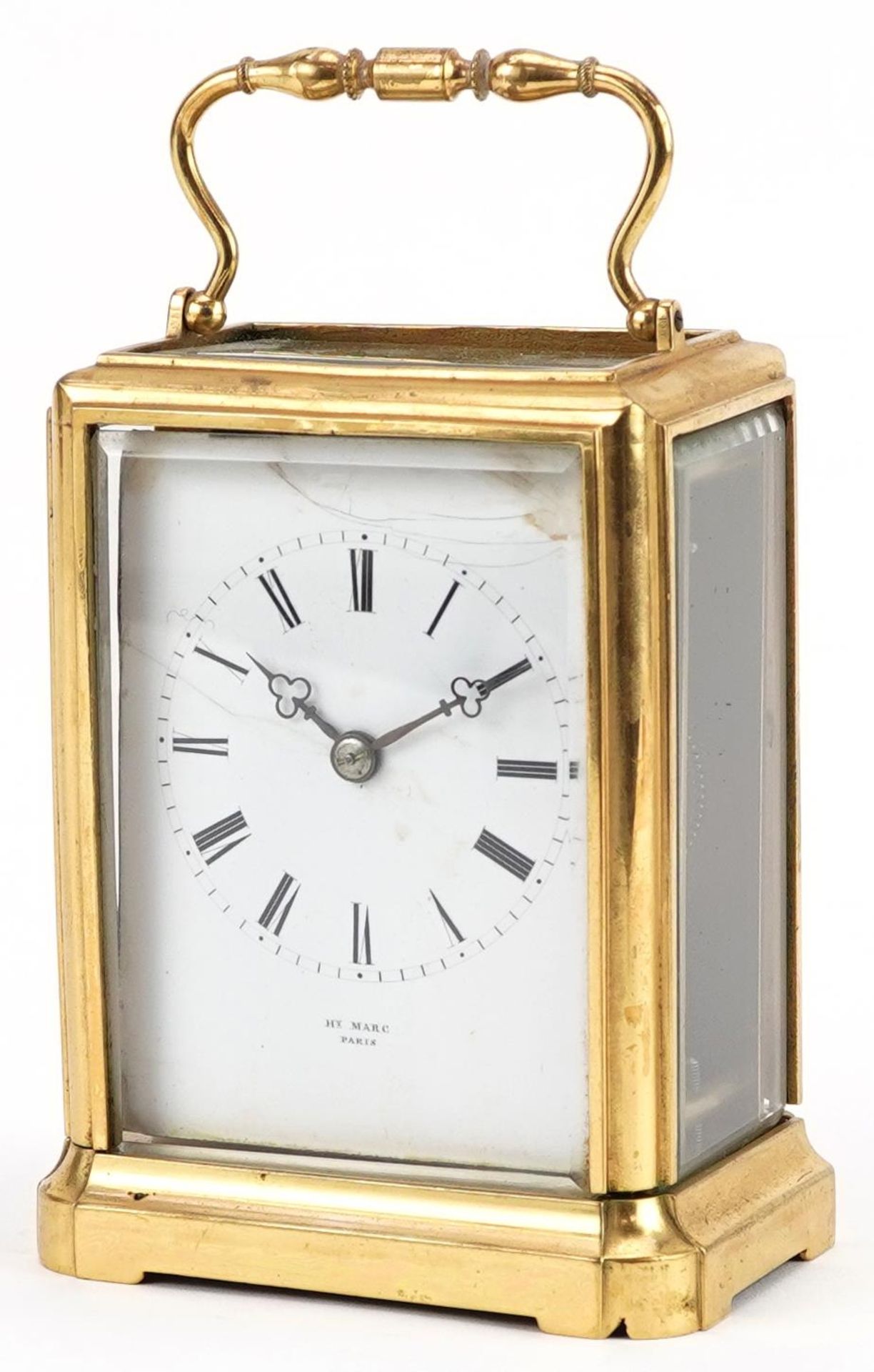 Henri Marc of Paris, 19th century French gilt brass carriage clock having enamelled dial with