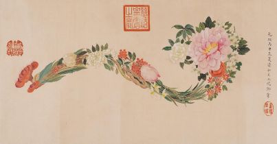 Manner of Empress Dowager Cixi - Ruyi like bouquet, still life with calligraphy and red seal