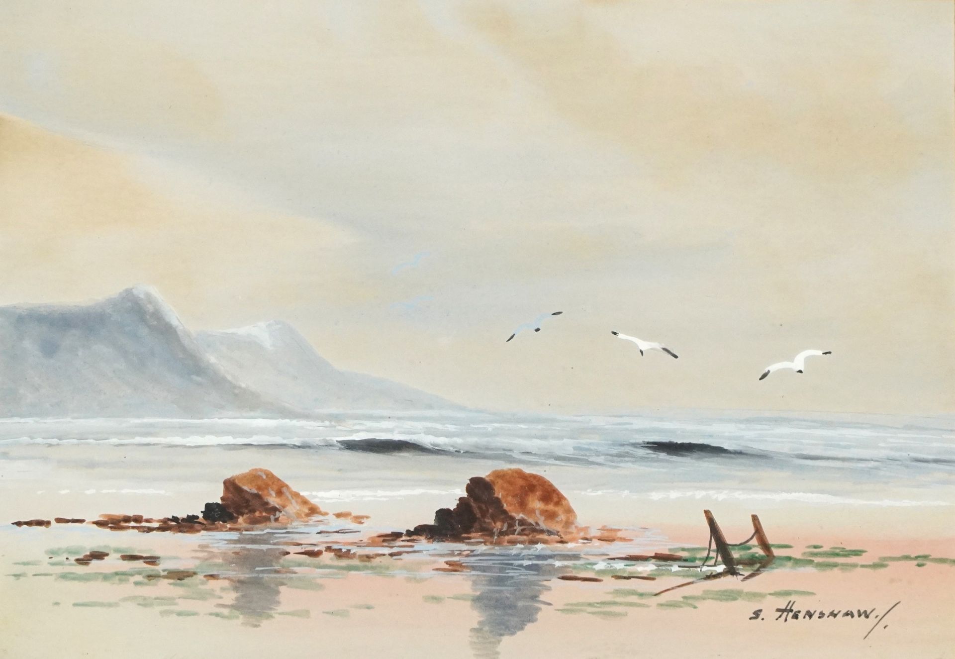 S Henshaw - Coastal scenes, pair of heightened watercolours, mounted, framed and glazed, each 24.5cm - Image 6 of 9