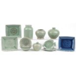 Asian celadon and blue glazed ceramics including vase, rice bowl, pot and cover and dishes in the