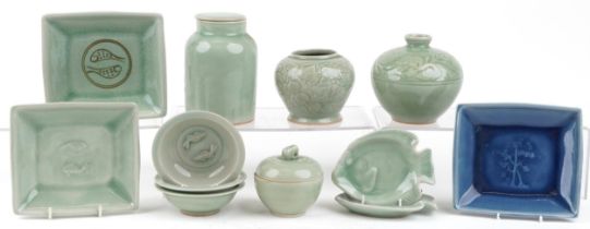 Asian celadon and blue glazed ceramics including vase, rice bowl, pot and cover and dishes in the