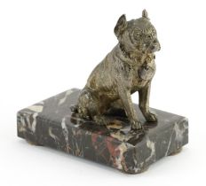 Silver plated model of a seated Pitbull raised on a rectangular marble base, 11cm in length