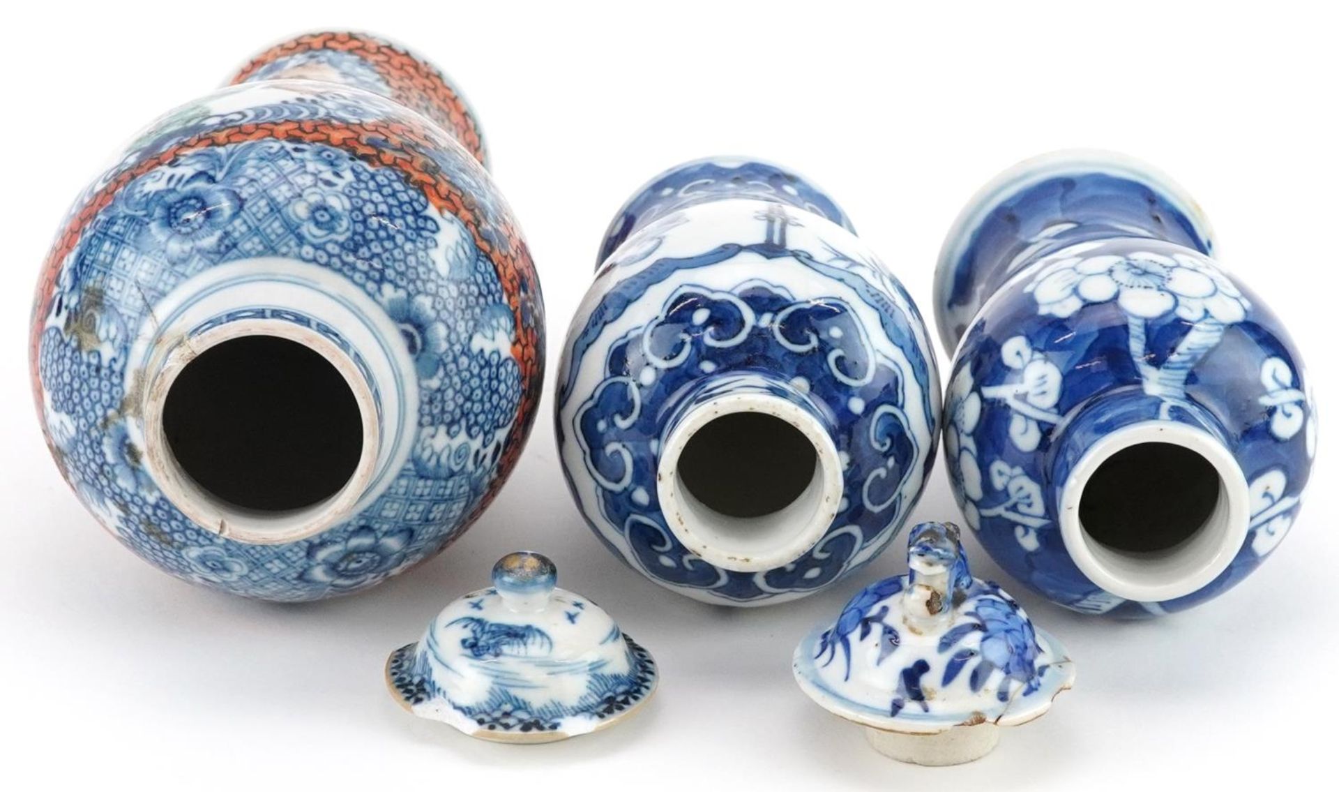 Three Chinese porcelain baluster vases with two covers including a Mandarin example hand painted - Image 5 of 7