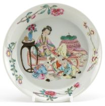 Chinese porcelain dish hand painted in the famille rose palette with a mother and children