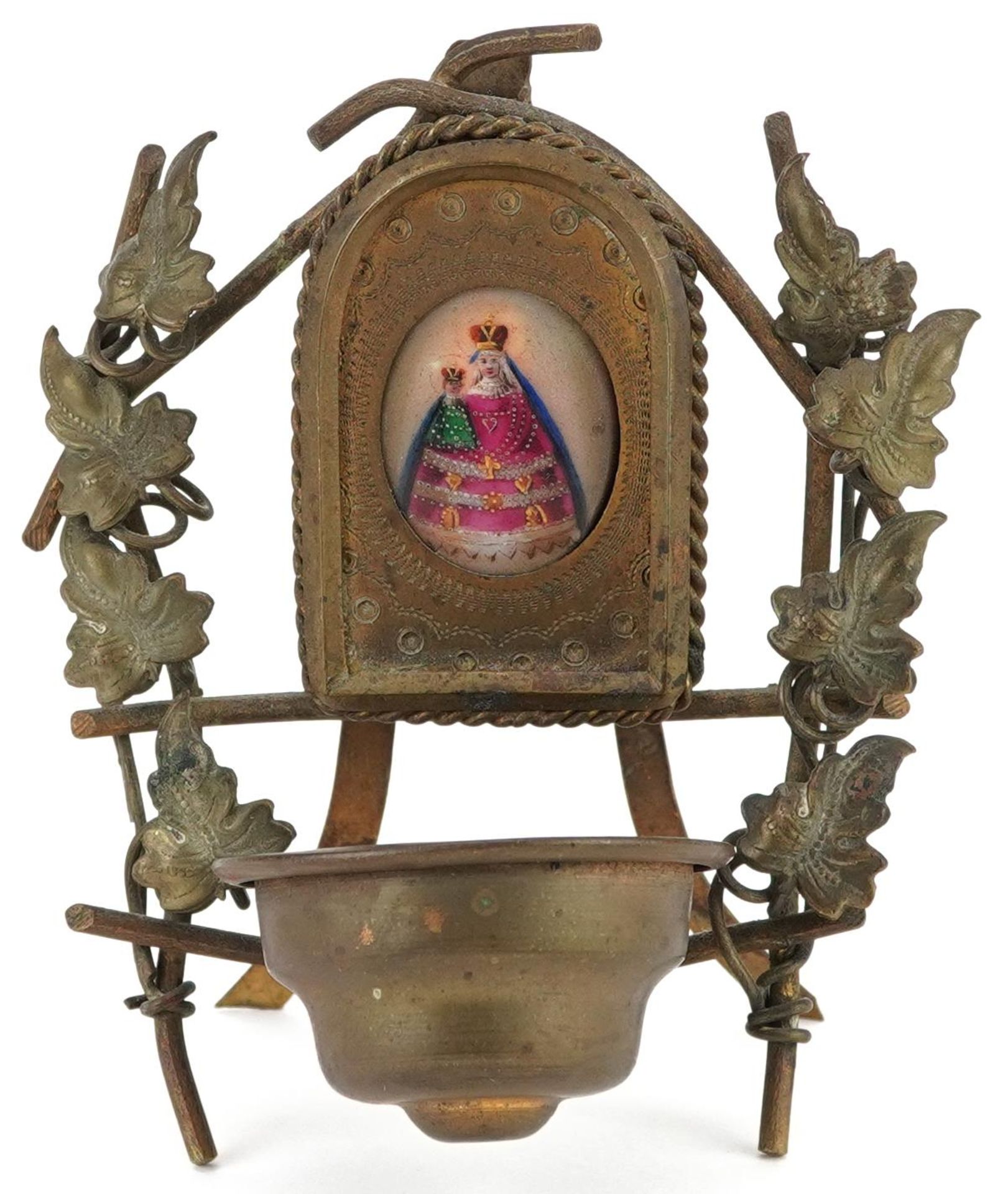 19th century gilt metal holy water font housing an oval porcelain panel hand painted with Madonna - Image 2 of 4