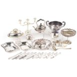 Silver plated sundry items including three branch candelabra, teapot on stand with burner and four