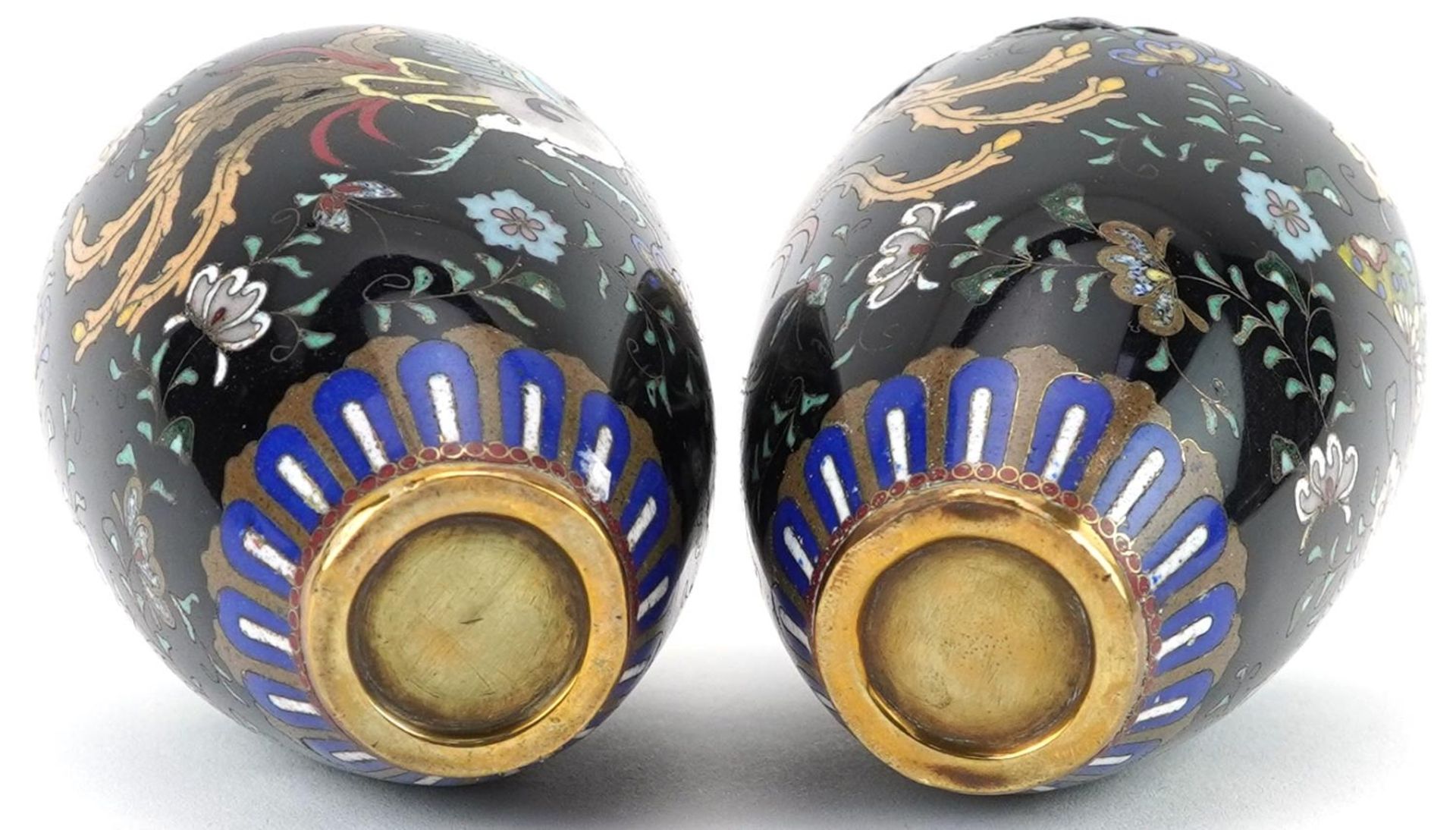Pair of Japanese cloisonne vases, each enamelled with a mythical bird amongst flowers, each 9cm high - Image 6 of 6