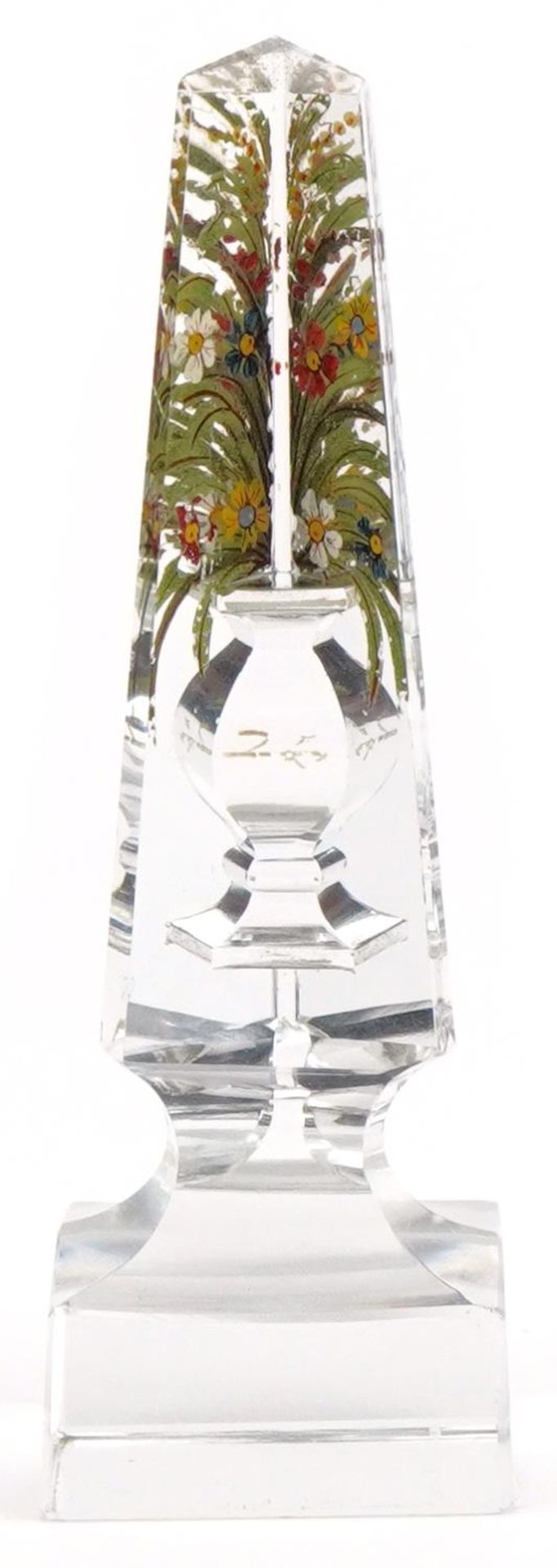 Regency cut glass obelisk hand painted with flowers, 11cm high - Bild 2 aus 5