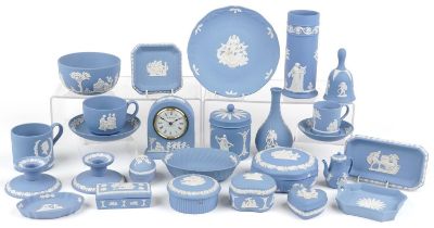 Wedgwood blue Jasperware including dome top mantle clock, mug commemorating 40th Anniversary of