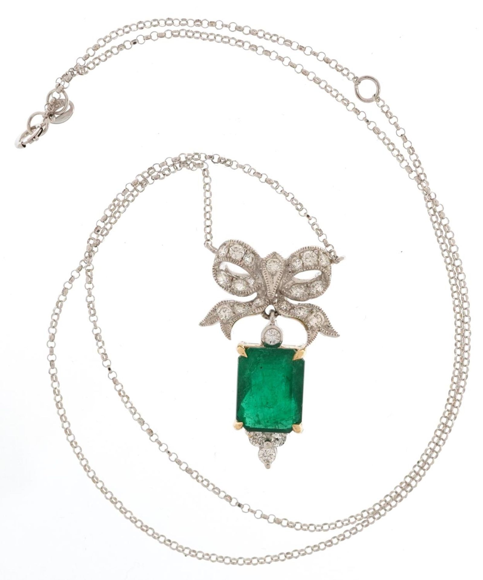 18ct white and yellow gold diamond and emerald pendant in the form of a bow on an 18ct white gold - Image 2 of 4