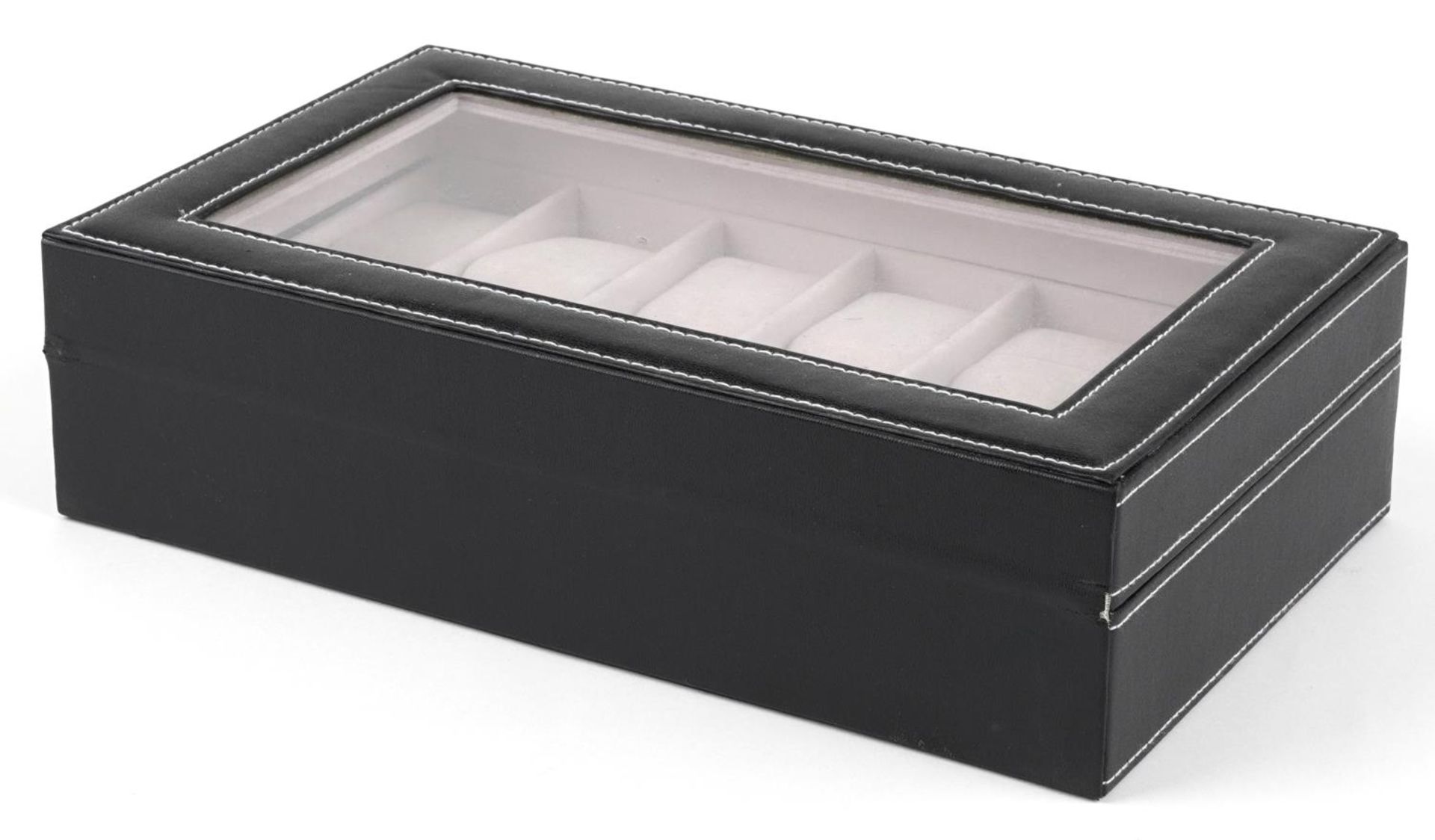 Black leatherette twelve section watch display box, 8.5cm H x 33cm W x 20cm D - Bild 3 aus 4