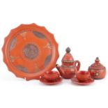 Turkish Ottoman Tophane seven piece coffee for two service comprising coffee pot, lidded sugar bowl,