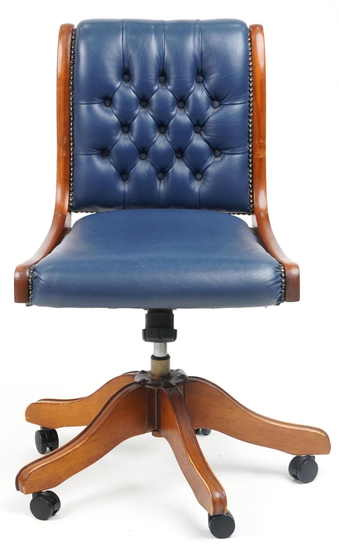 Mahogany and blue leather button back upholstered adjustable desk chair, 89cm high - Image 2 of 4