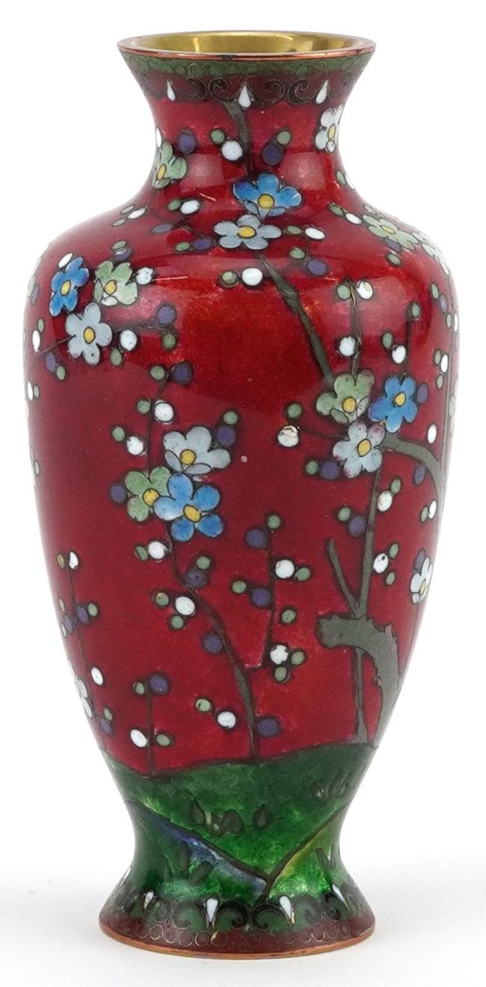 Japanese cloisonne vase enamelled with a Geisha in a landscape with flowers, 13.5cm high - Image 3 of 6