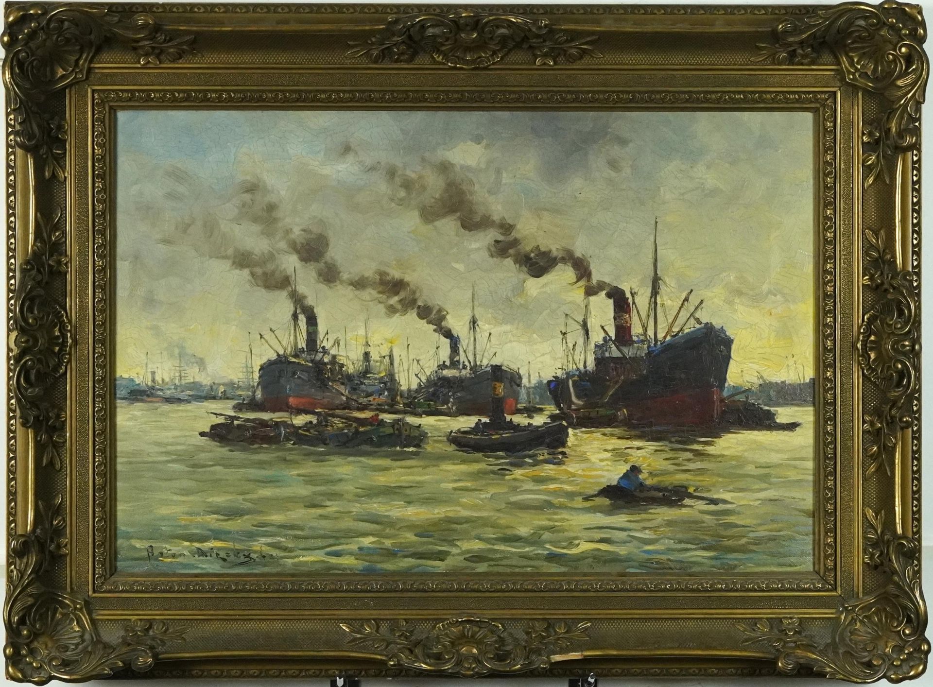 Fishing boats leaving a harbour, Impressionist oil on canvas, bearing an indistinct signature, - Bild 2 aus 4
