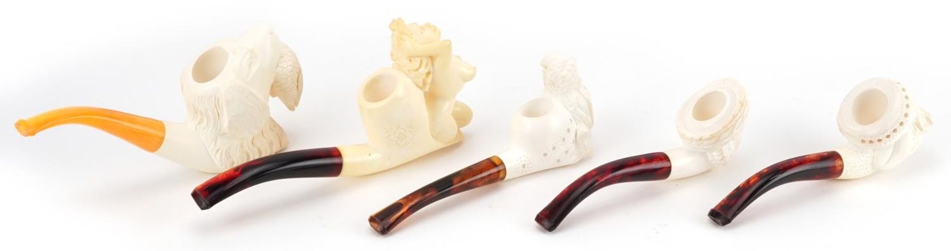 Five smoking interest block Meerschaum pipes including examples with nude female and dog's head - Bild 5 aus 5