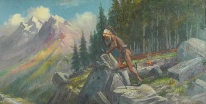 Red Indian in an alpine landscape, oil on canvas board, mounted, framed and glazed, 75cm x 34cm