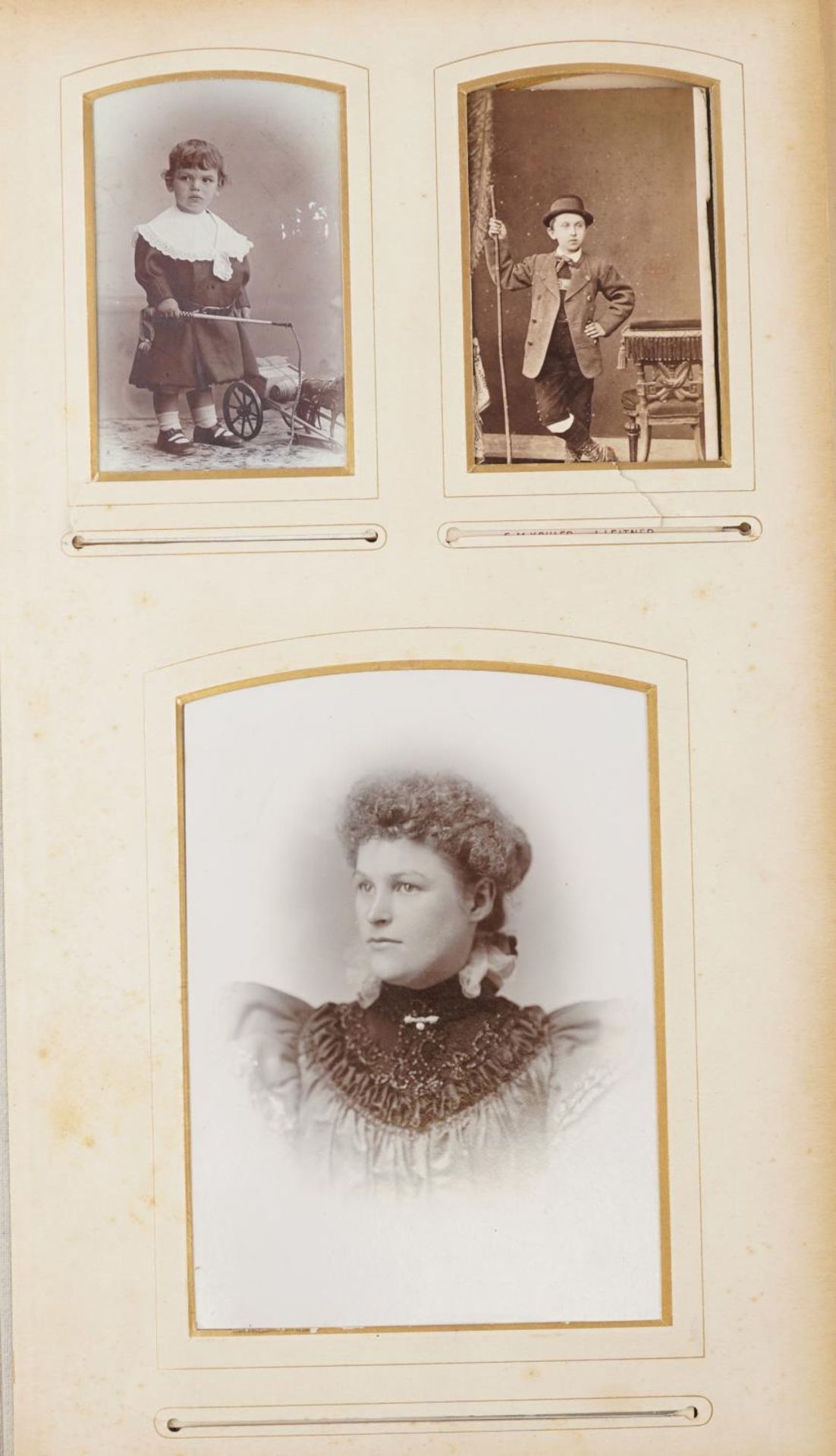 Victorian cabinet cards and cartes de visite photographs arranged in an Art Nouveau leather album - Image 2 of 6