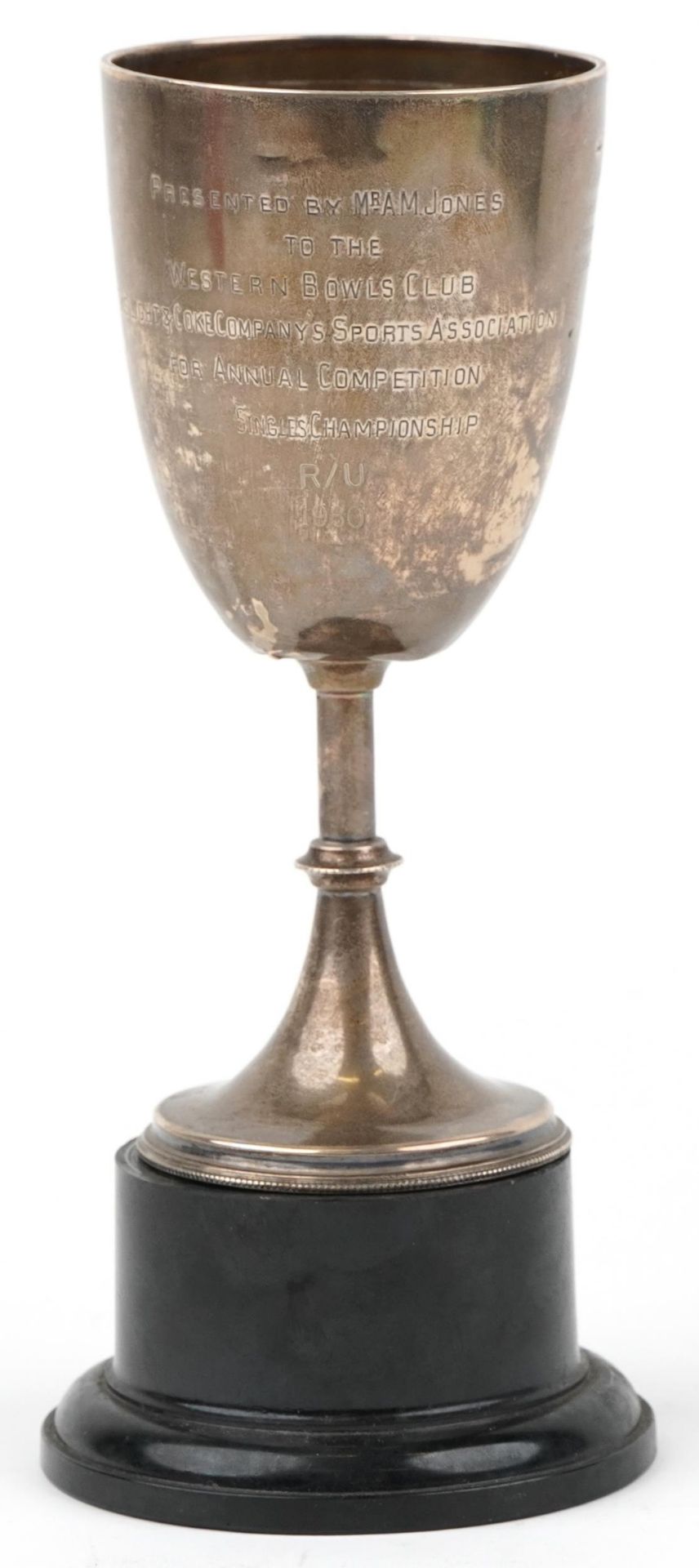 Mappin & Webb, Victorian bowling interest silver trophy on stand presented by Mr A M Jones to the