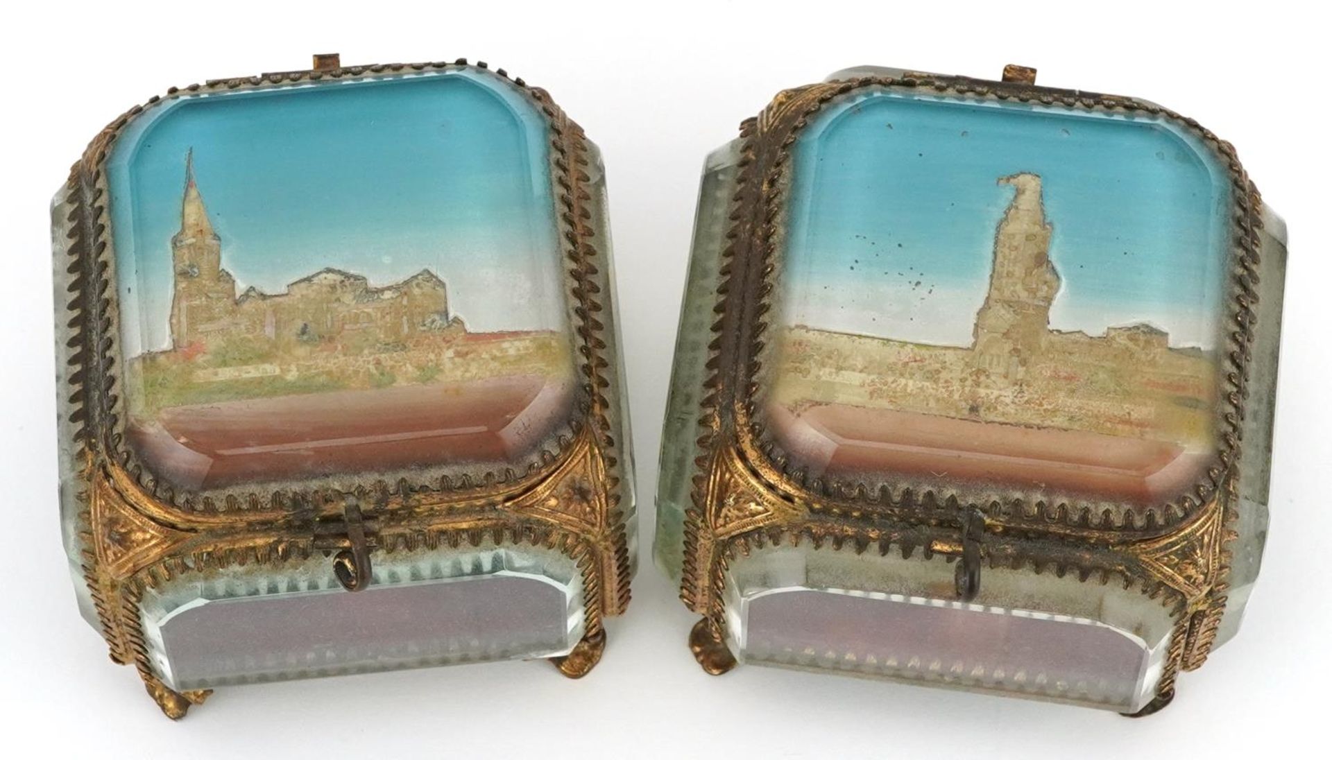 Pair of 19th century Grand Tour jewel caskets with bevelled glass panels and silk button back - Image 2 of 4